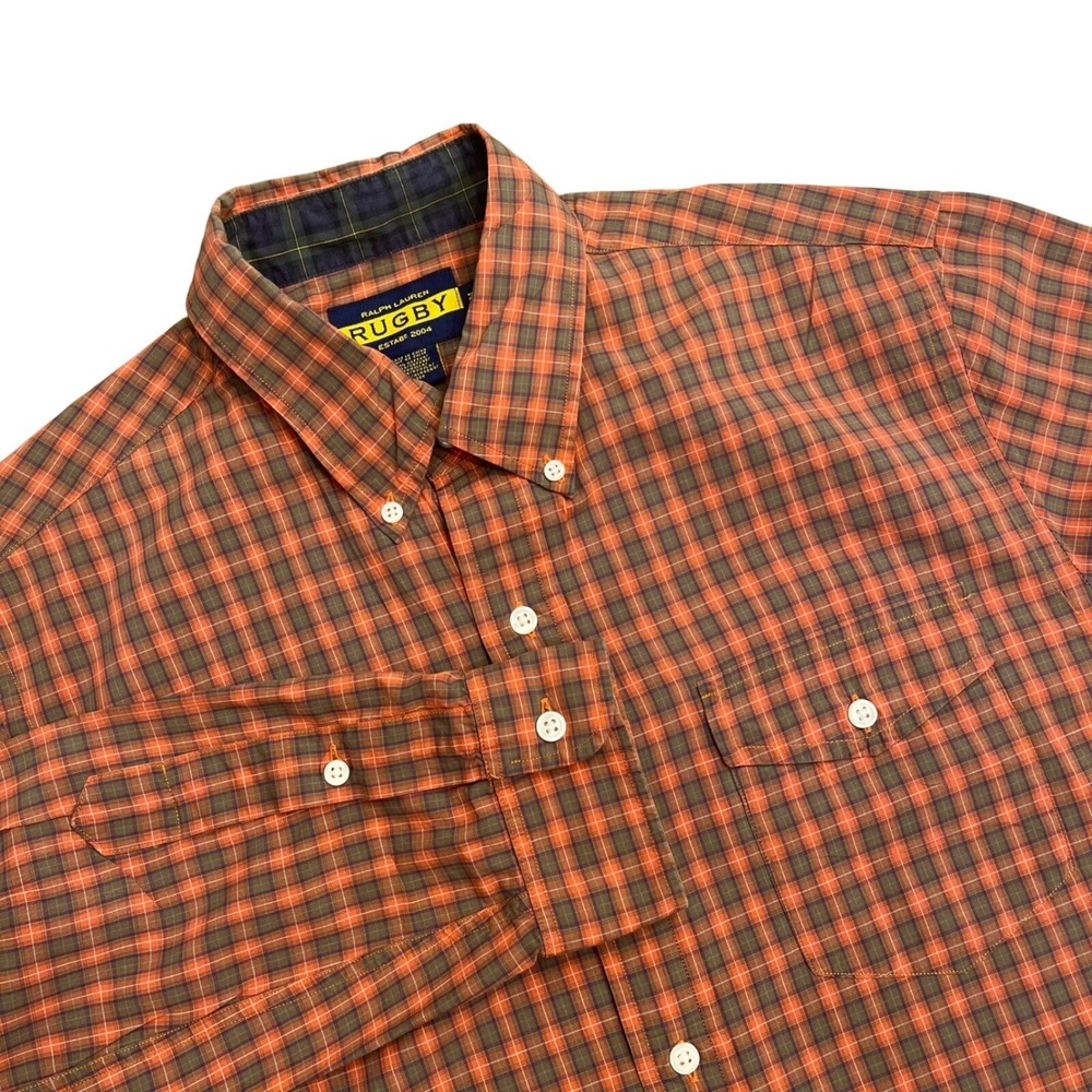 Ralph Lauren Rugby University Button Down Shirt Mens M Orange Plaid Long Sleeve - Picture 3 of 12